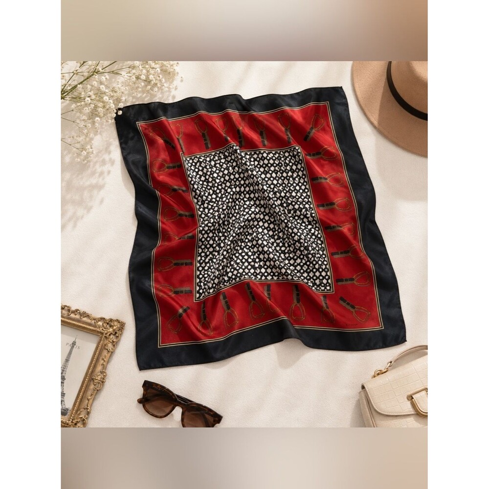 ECHO 100% Silk Equestrian Scarf 33” Red Navy Gold English Stirrup